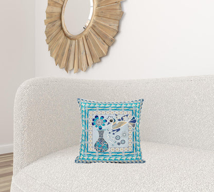 16" X 16" Blue and Gold Peacock Broadcloth Floral Zippered Pillow
