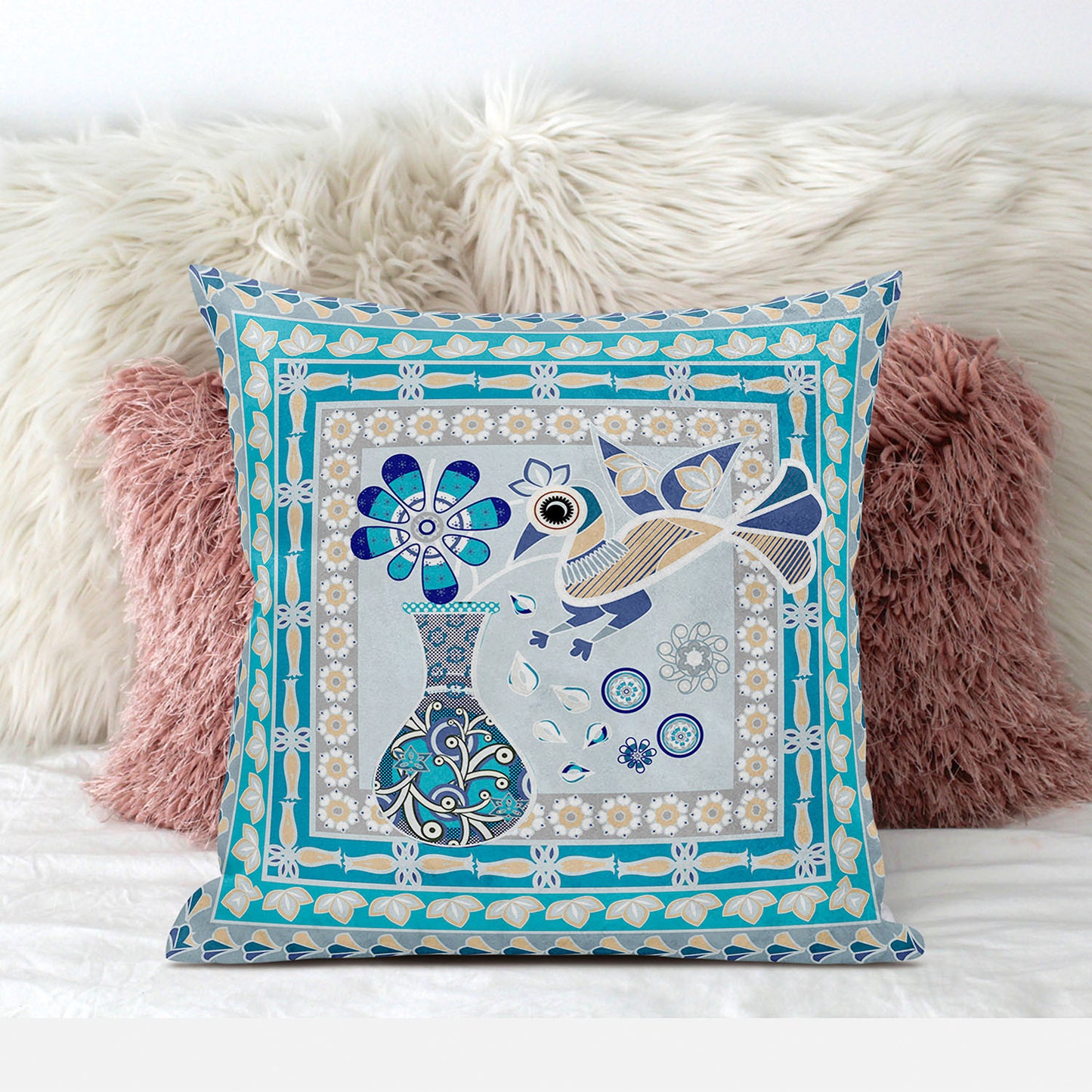 20" X 20" Blue and Gold Peacock Broadcloth Floral Zippered Pillow