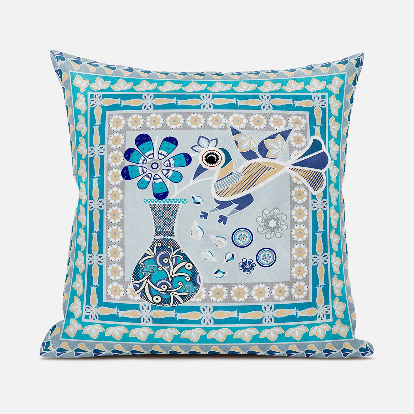 20" X 20" Blue and Gold Peacock Broadcloth Floral Zippered Pillow
