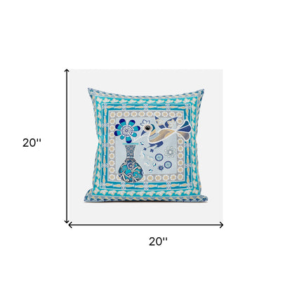 20" X 20" Blue and Gold Peacock Broadcloth Floral Zippered Pillow