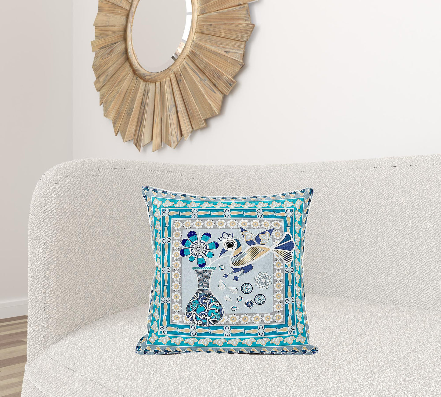 20" X 20" Blue and Gold Peacock Broadcloth Floral Zippered Pillow