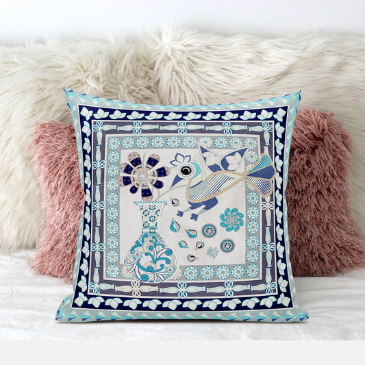 18" X 18" Beige and Black Peacock Broadcloth Floral Zippered Pillow