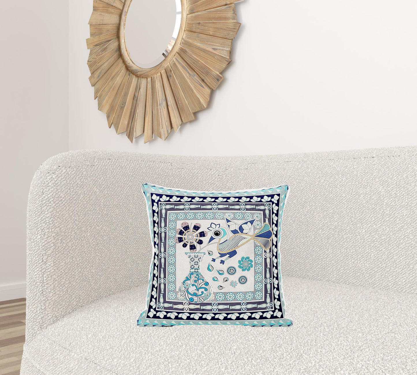 18" X 18" Beige and Black Peacock Broadcloth Floral Zippered Pillow