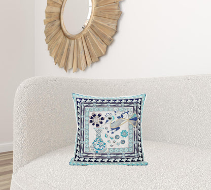 18" X 18" Beige and Black Peacock Broadcloth Floral Zippered Pillow