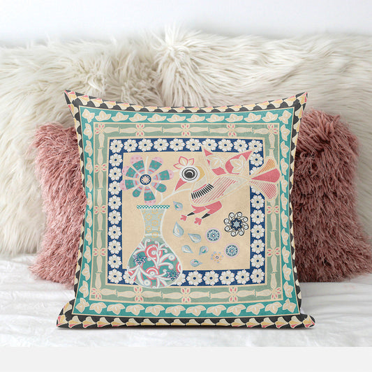 18" X 18" Pink and Green Peacock Broadcloth Floral Zippered Pillow