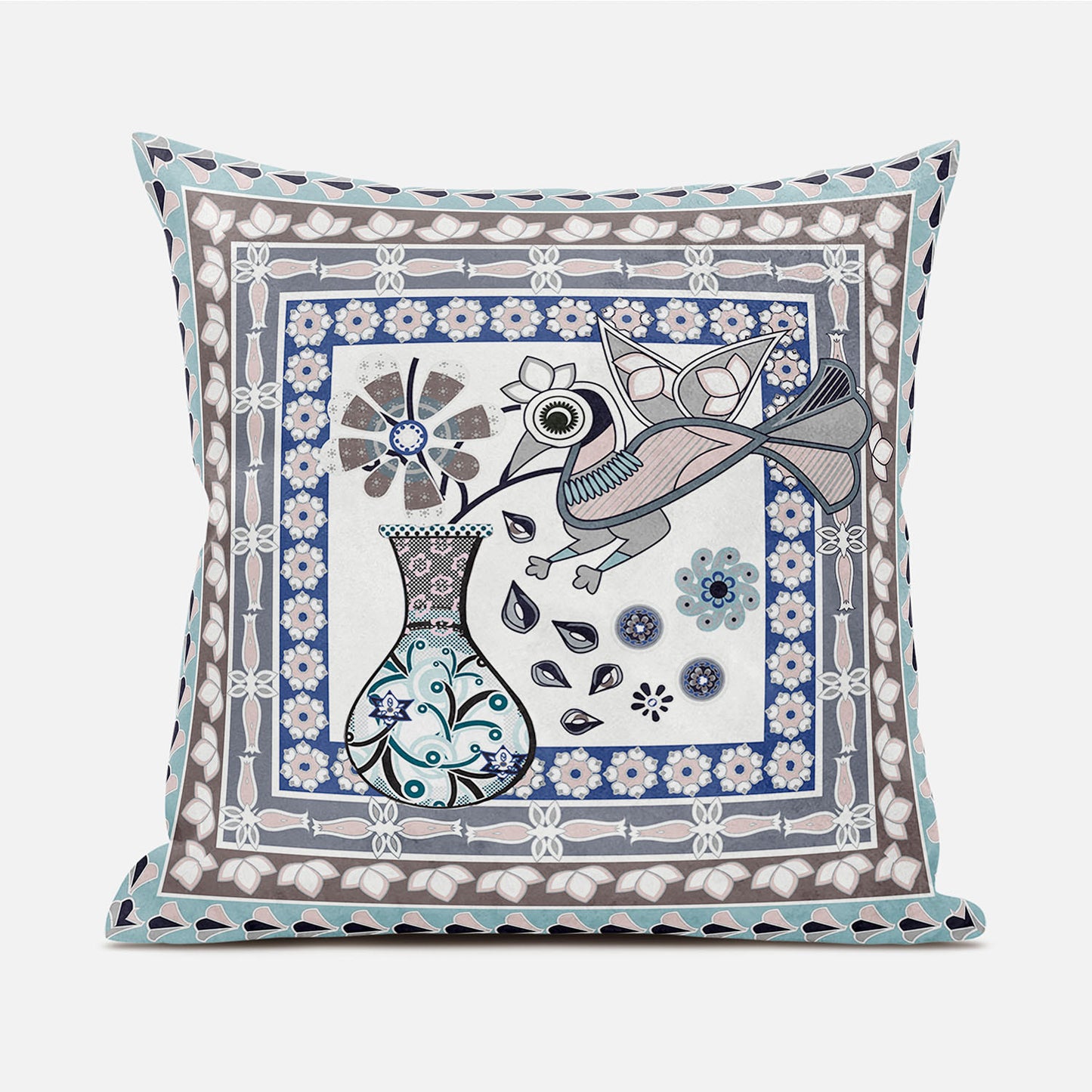 16" X 16" Blue and Beige Peacock Broadcloth Floral Zippered Pillow