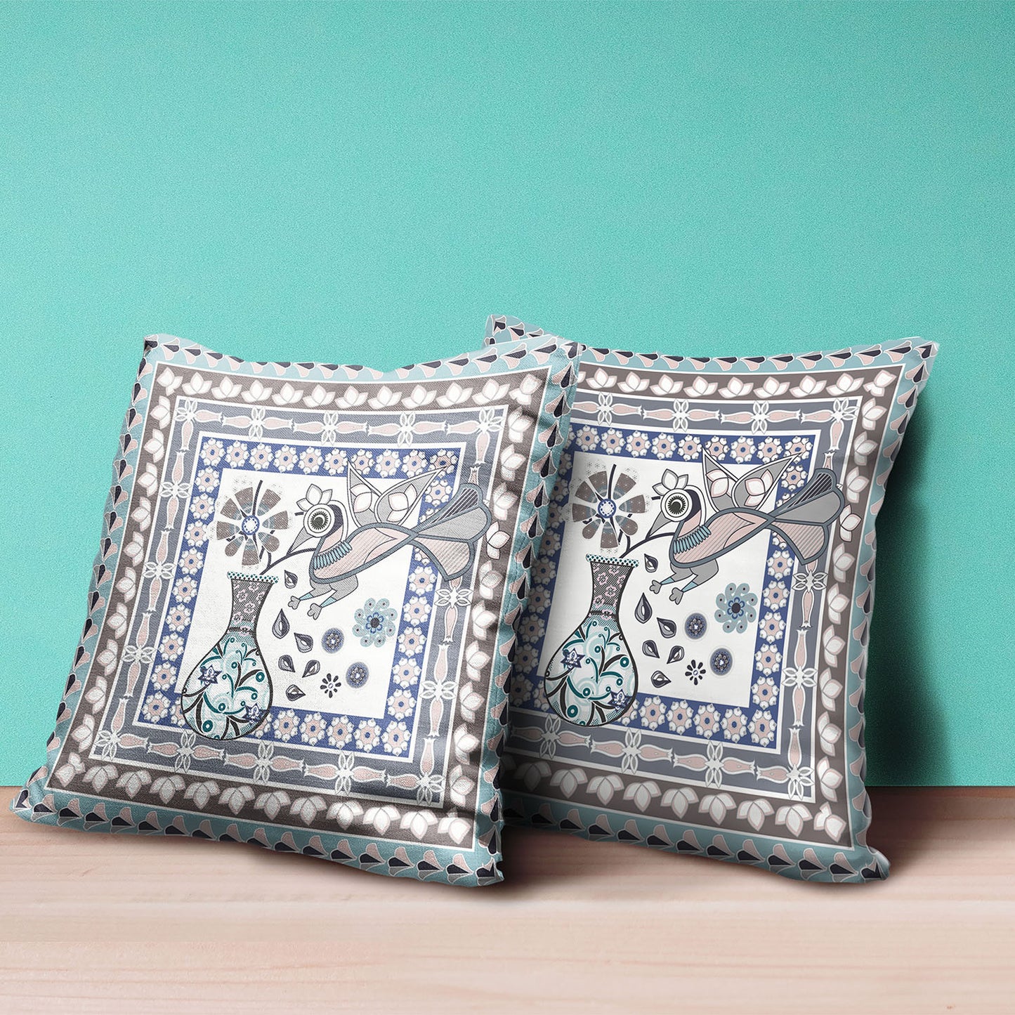 16" X 16" Blue and Beige Peacock Broadcloth Floral Zippered Pillow