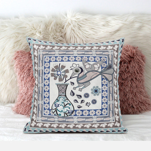 18" X 18" Blue and Beige Peacock Broadcloth Floral Zippered Pillow