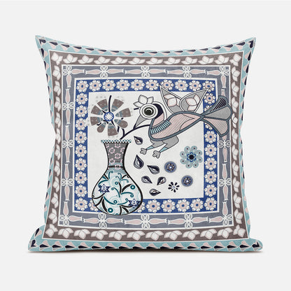18" X 18" Blue and Beige Peacock Broadcloth Floral Zippered Pillow