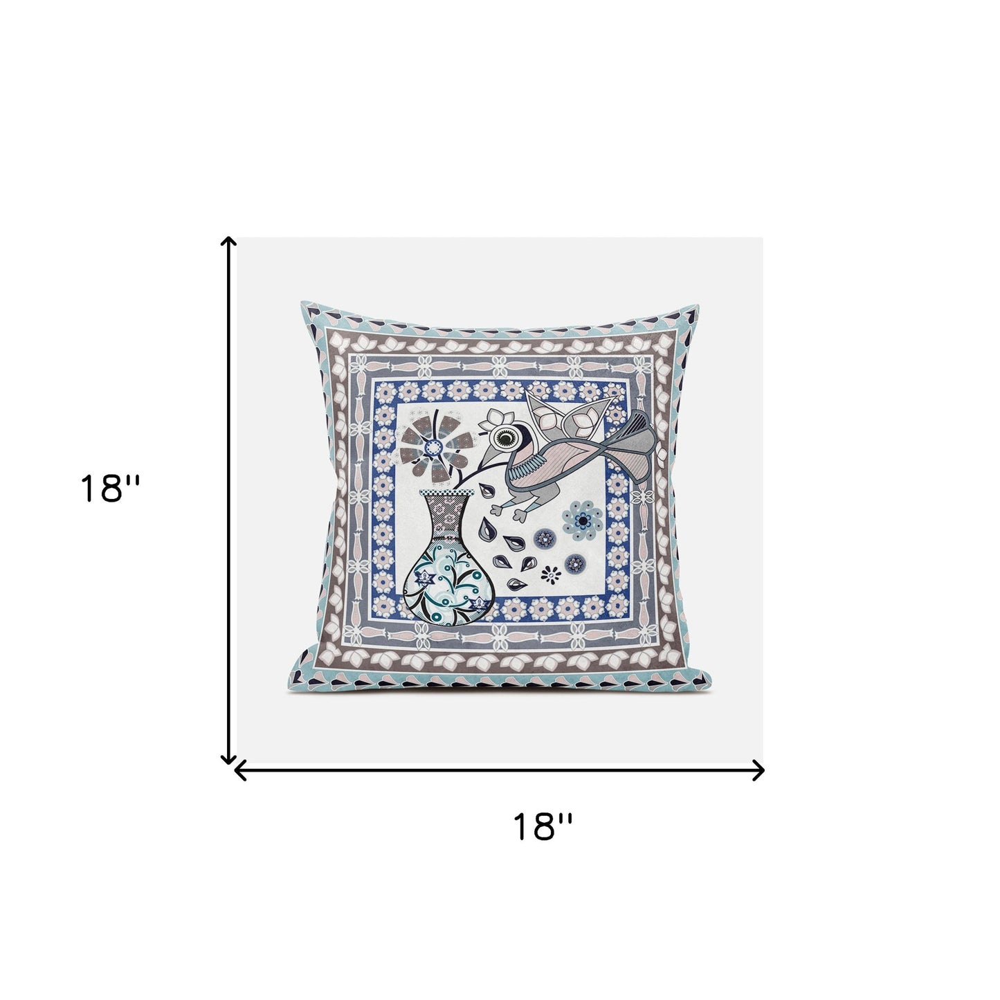 18" X 18" Blue and Beige Peacock Broadcloth Floral Zippered Pillow