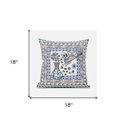 18" X 18" Blue and Beige Peacock Broadcloth Floral Zippered Pillow