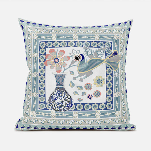 16" X 16" Blue and Beige Peacock Broadcloth Floral Zippered Pillow