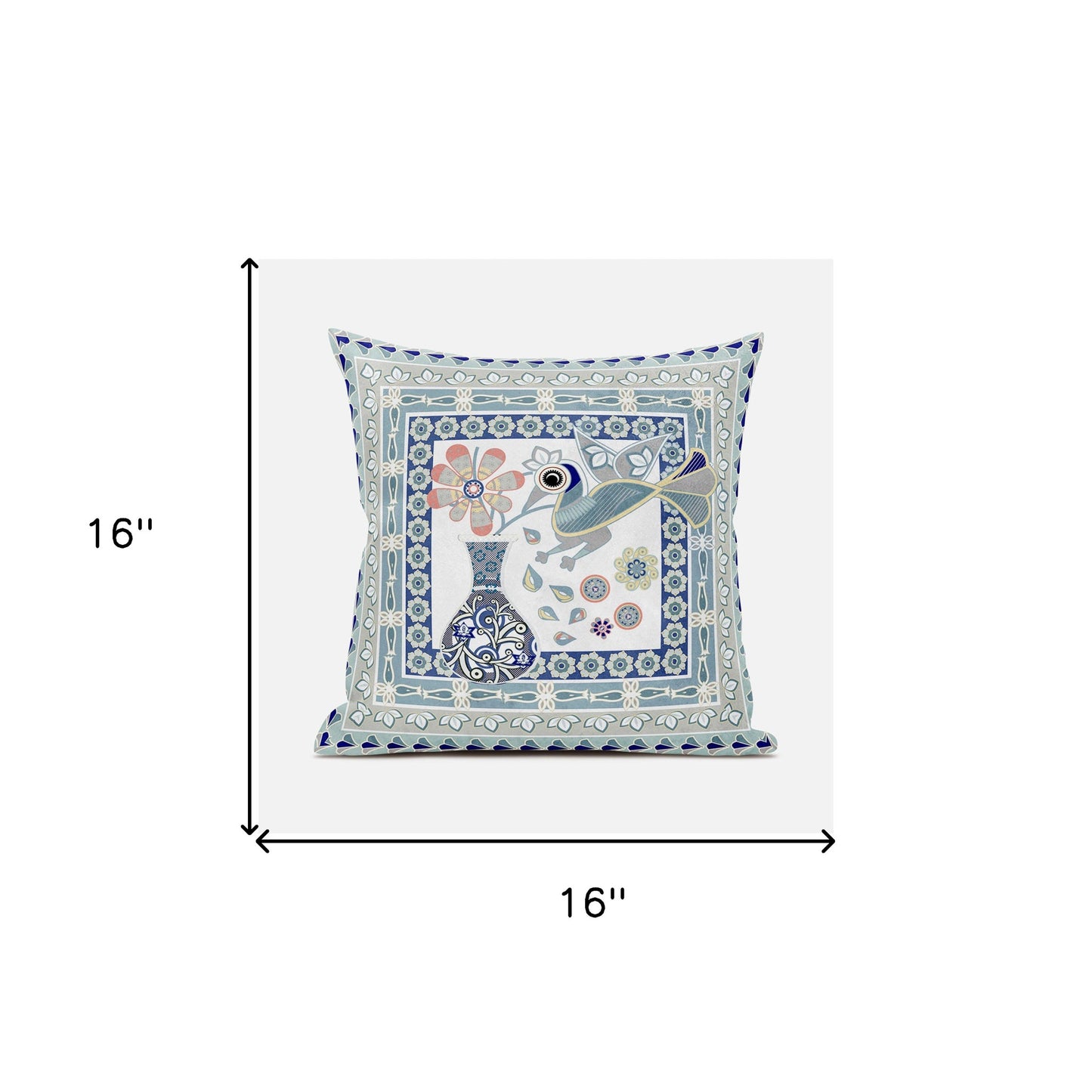 16" X 16" Blue and Beige Peacock Broadcloth Floral Zippered Pillow