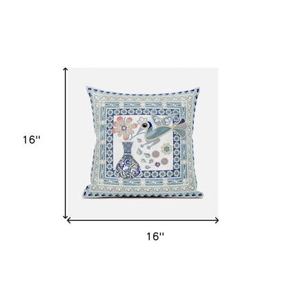 16" X 16" Blue and Beige Peacock Broadcloth Floral Zippered Pillow