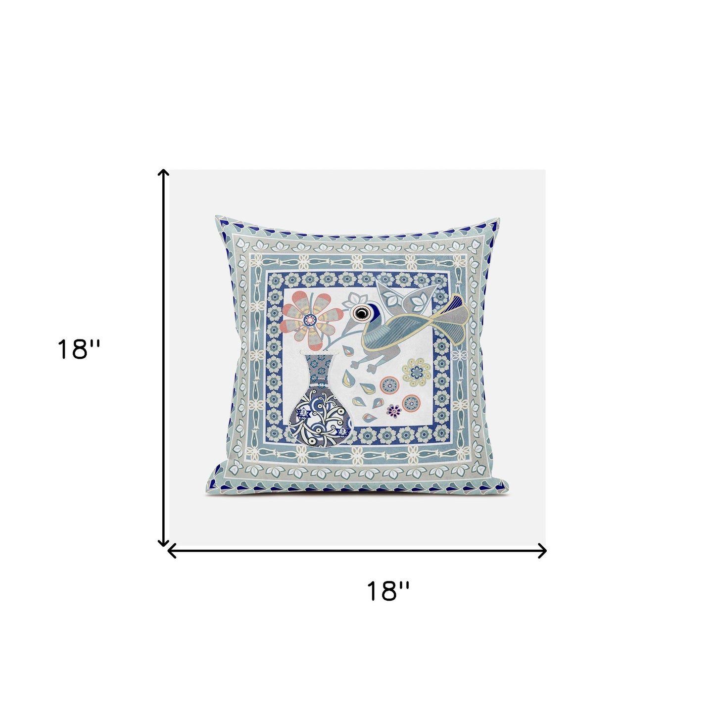 18" X 18" Blue and Beige Peacock Broadcloth Floral Zippered Pillow