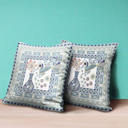 18" X 18" Blue and Beige Peacock Broadcloth Floral Zippered Pillow