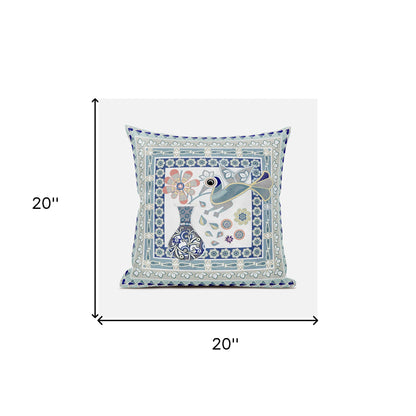 20" X 20" Blue and Beige Peacock Broadcloth Floral Zippered Pillow