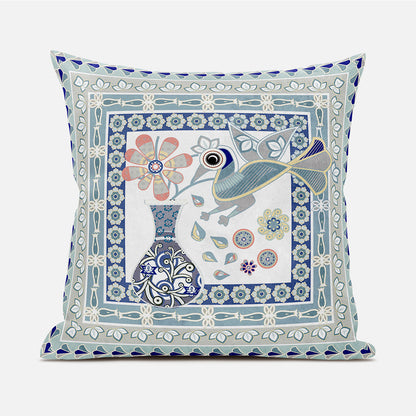 20" X 20" Blue and Beige Peacock Broadcloth Floral Zippered Pillow