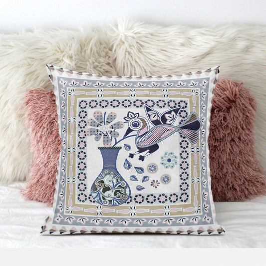 18" X 18" Beige and White Peacock Broadcloth Floral Zippered Pillow