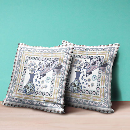 18" X 18" Beige and White Peacock Broadcloth Floral Zippered Pillow