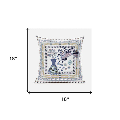 18" X 18" Beige and White Peacock Broadcloth Floral Zippered Pillow