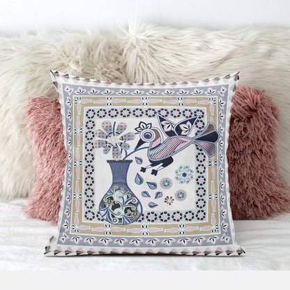 20" X 20" Beige and White Peacock Broadcloth Floral Zippered Pillow