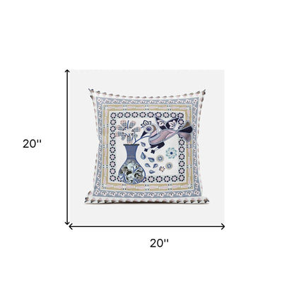 20" X 20" Beige and White Peacock Broadcloth Floral Zippered Pillow