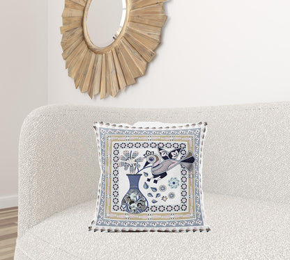20" X 20" Beige and White Peacock Broadcloth Floral Zippered Pillow
