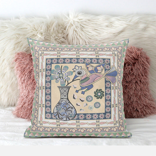 18" X 18" Pink and Green Peacock Broadcloth Floral Zippered Pillow