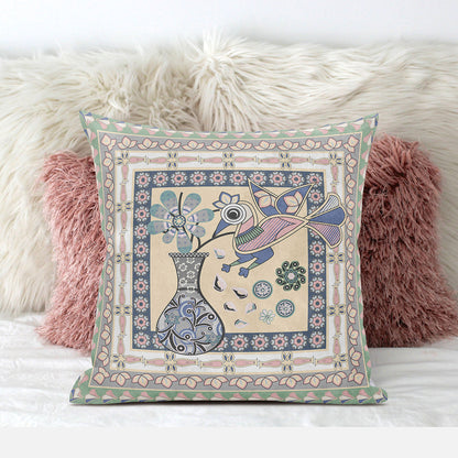 20" X 20" Pink and Green Peacock Broadcloth Floral Zippered Pillow