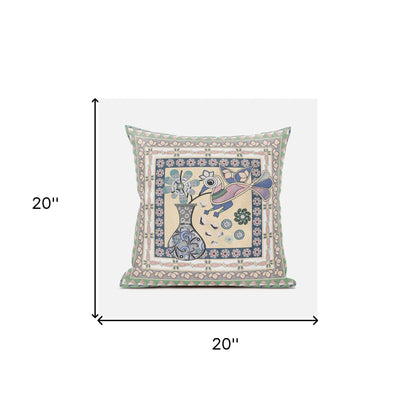 20" X 20" Pink and Green Peacock Broadcloth Floral Zippered Pillow