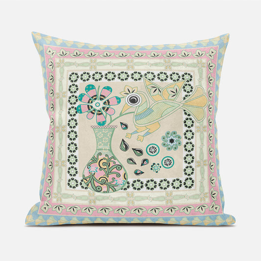 16" X 16" Blue and Beige Peacock Broadcloth Floral Zippered Pillow