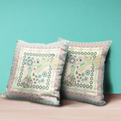 16" X 16" Blue and Beige Peacock Broadcloth Floral Zippered Pillow