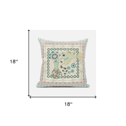 18" X 18" Blue and Beige Peacock Broadcloth Floral Zippered Pillow