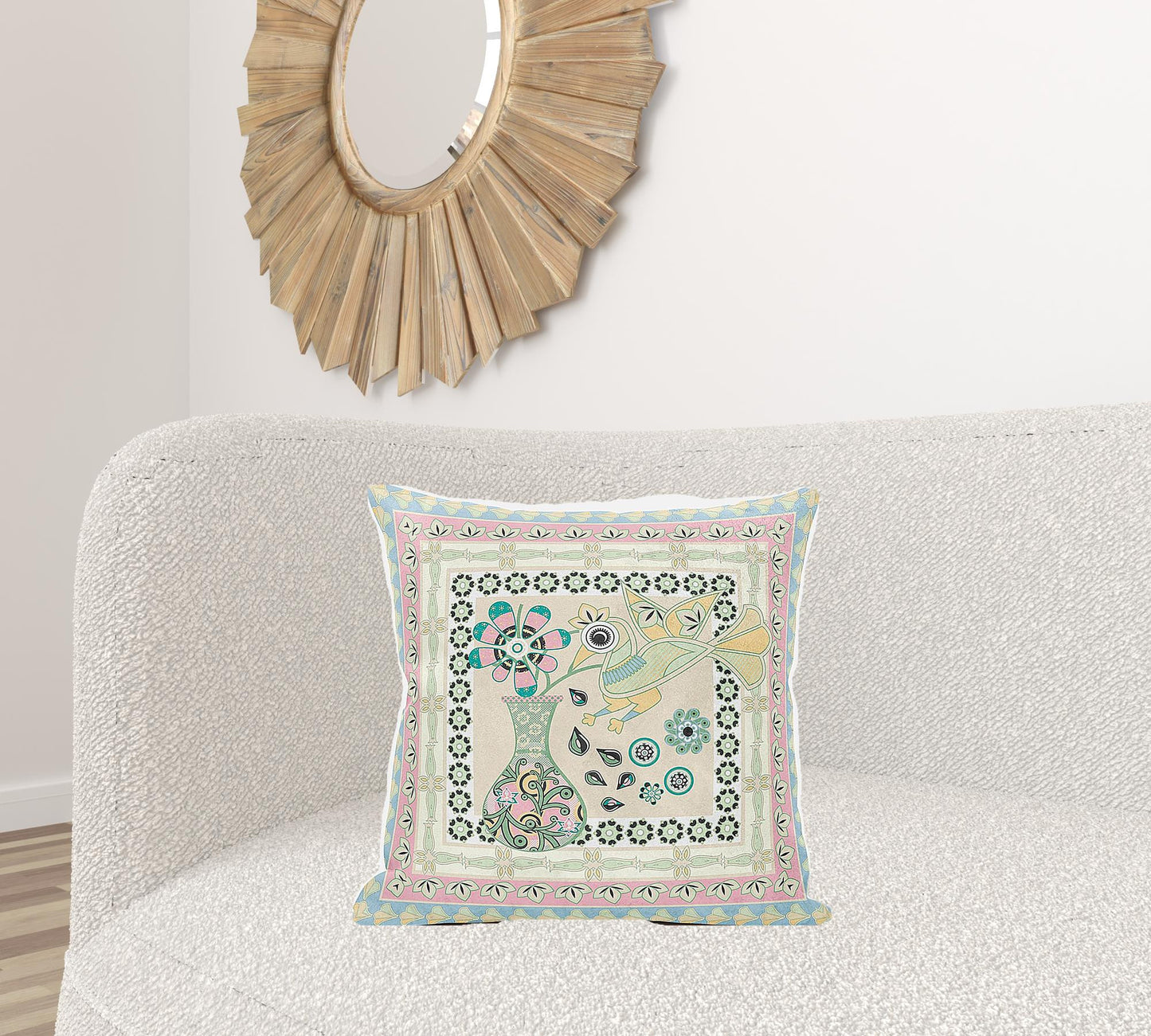20" X 20" Blue and Beige Peacock Broadcloth Floral Zippered Pillow