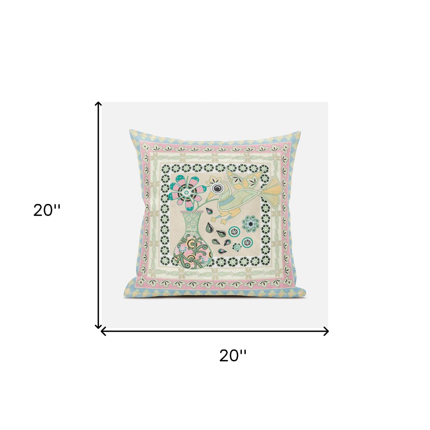 20" X 20" Blue and Beige Peacock Broadcloth Floral Zippered Pillow