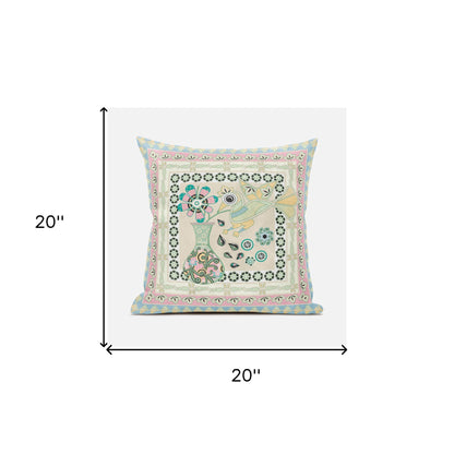 20" X 20" Blue and Beige Peacock Broadcloth Floral Zippered Pillow