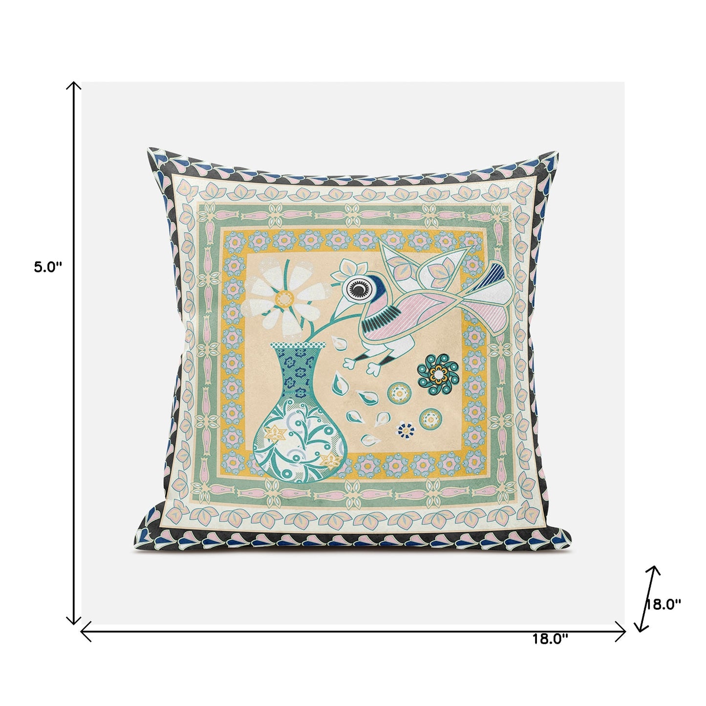 18" X 18" Beige and Black Peacock Broadcloth Floral Zippered Pillow