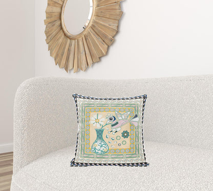 18" X 18" Beige and Black Peacock Broadcloth Floral Zippered Pillow