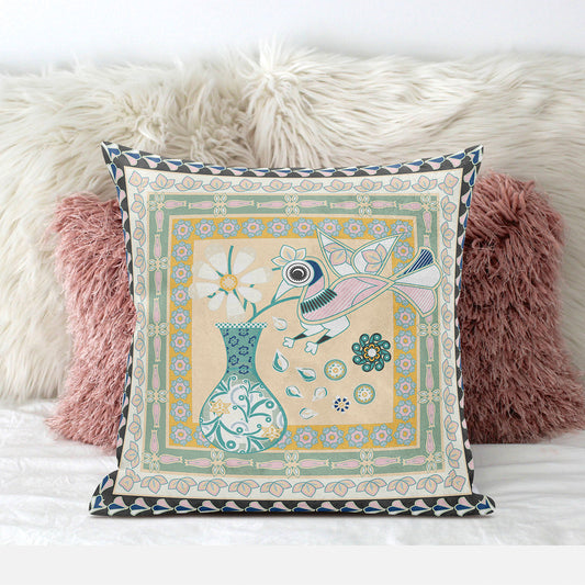 20" X 20" Beige and Black Peacock Broadcloth Floral Zippered Pillow