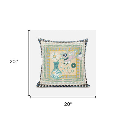 20" X 20" Beige and Black Peacock Broadcloth Floral Zippered Pillow