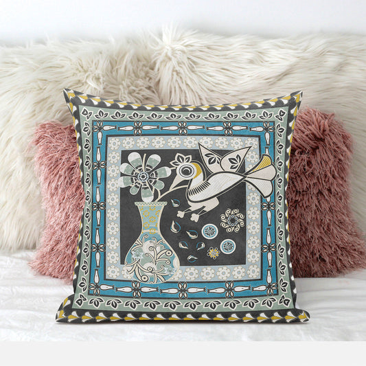 16" X 16" Black and Blue Peacock Broadcloth Floral Zippered Pillow