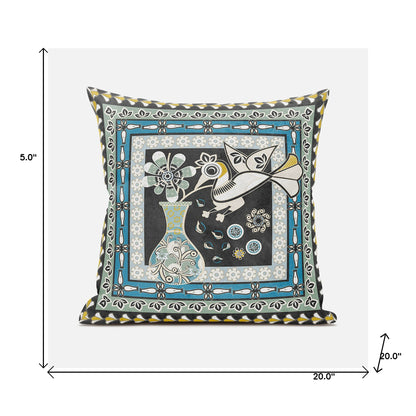 20" X 20" Black and Blue Peacock Broadcloth Floral Zippered Pillow