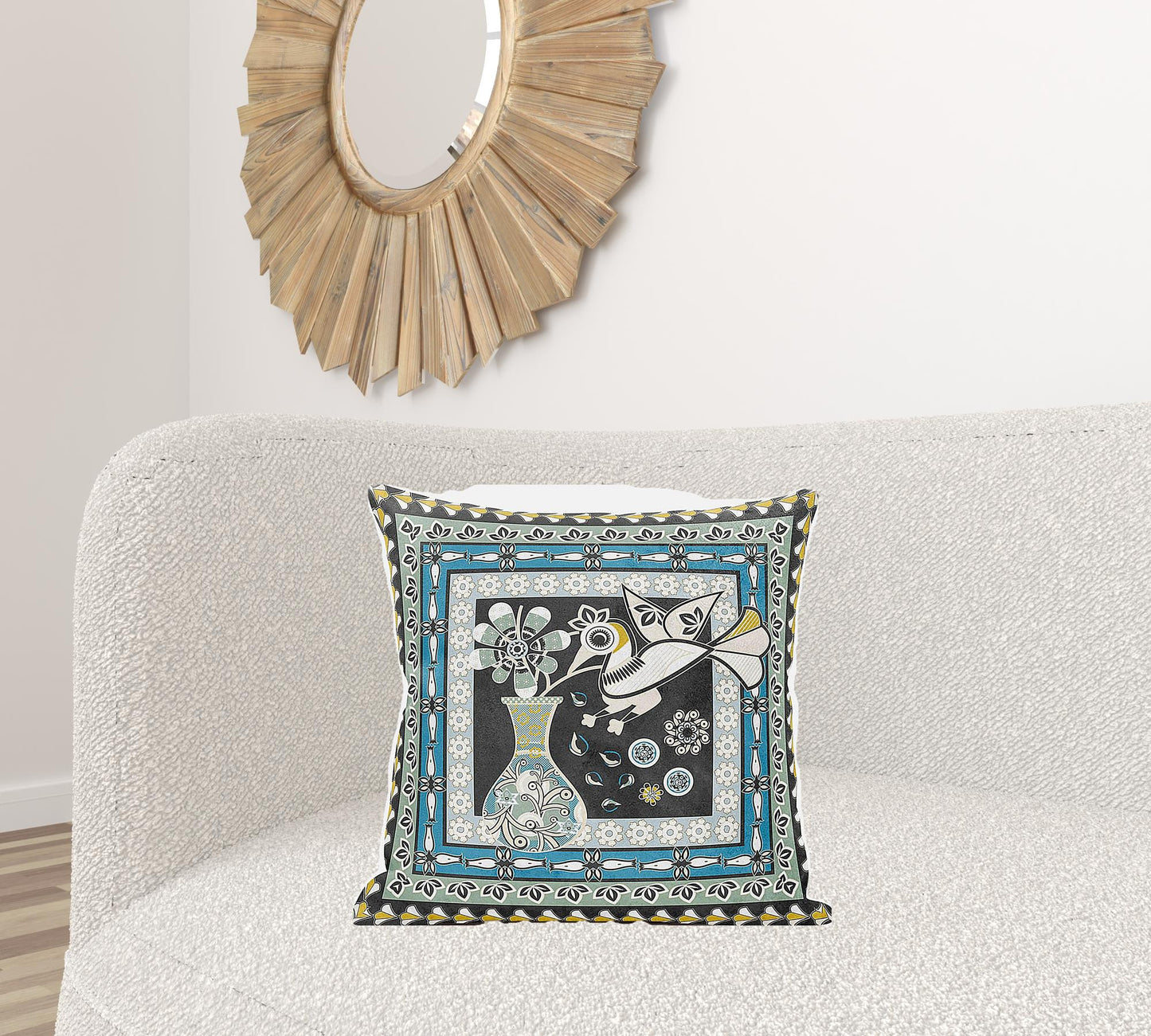 20" X 20" Black and Blue Peacock Broadcloth Floral Zippered Pillow