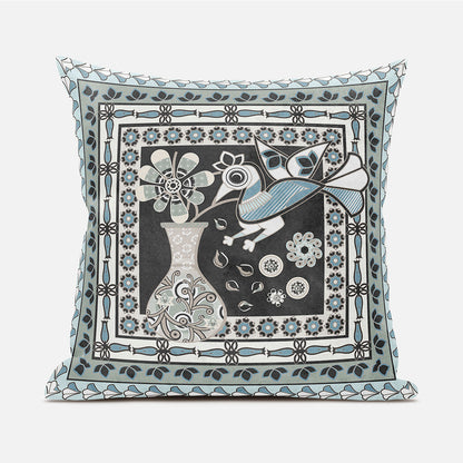18" X 18" Black and Blue Peacock Broadcloth Floral Zippered Pillow