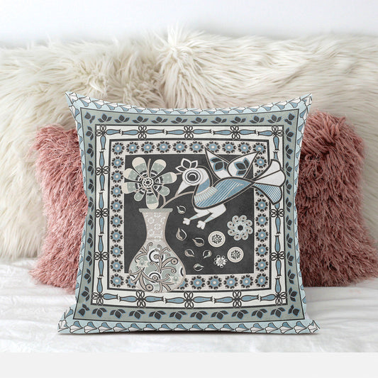 20" X 20" Black and Blue Peacock Broadcloth Floral Zippered Pillow