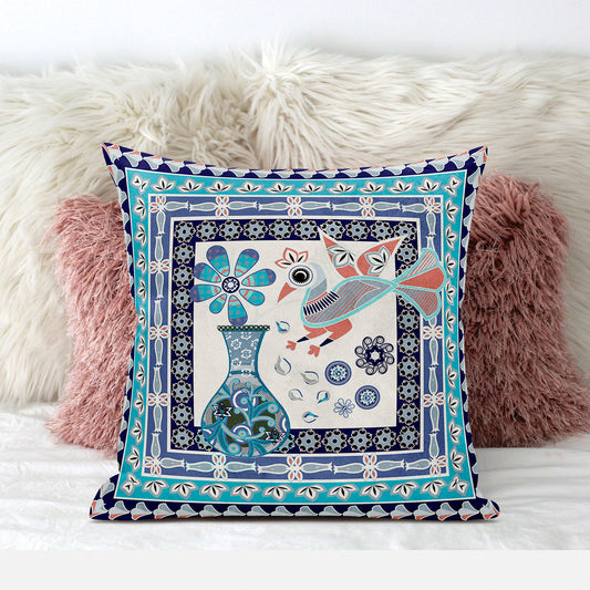16" X 16" Blue and Off White Peacock Broadcloth Floral Zippered Pillow
