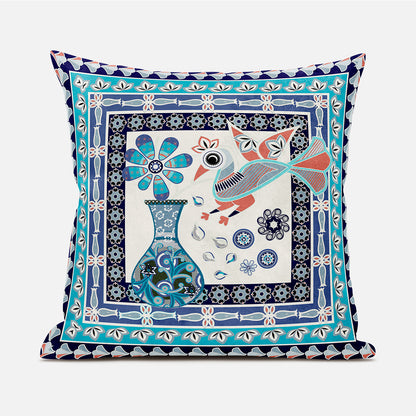 16" X 16" Blue and Off White Peacock Broadcloth Floral Zippered Pillow