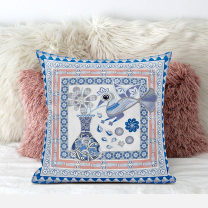 18" X 18" Blue and Gray Peacock Broadcloth Floral Zippered Pillow