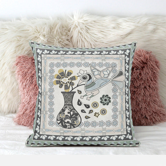 16" X 16" Black and Gray Peacock Broadcloth Floral Zippered Pillow